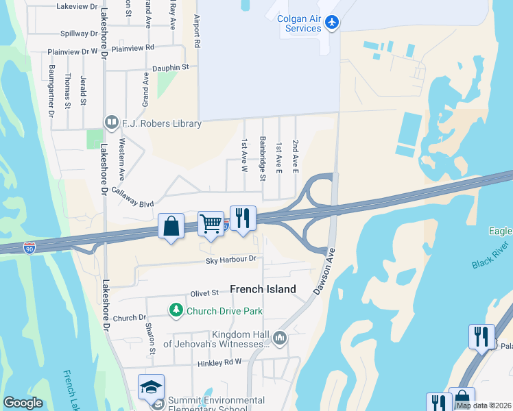 map of restaurants, bars, coffee shops, grocery stores, and more near 2421 Bainbridge Street in La Crosse