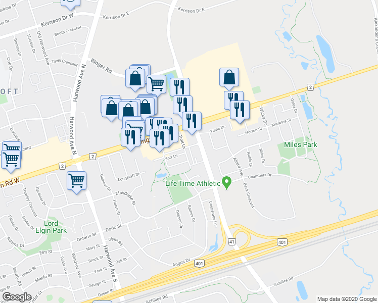 map of restaurants, bars, coffee shops, grocery stores, and more near 68 Lovegrove Lane in Ajax