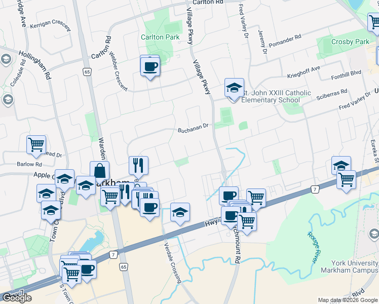 map of restaurants, bars, coffee shops, grocery stores, and more near in Markham