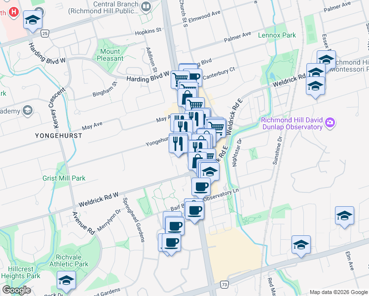 map of restaurants, bars, coffee shops, grocery stores, and more near 9600 Yonge Street in Richmond Hill