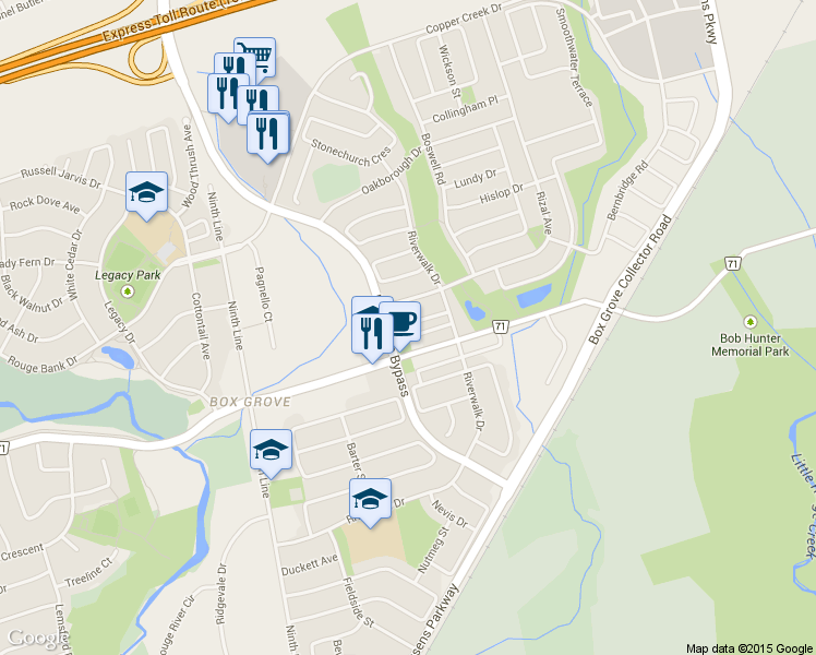 map of restaurants, bars, coffee shops, grocery stores, and more near 31 Radmore Place in Markham