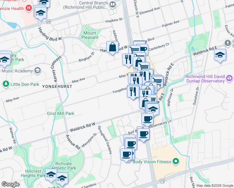 map of restaurants, bars, coffee shops, grocery stores, and more near 35 Yongehurst Road in Richmond Hill