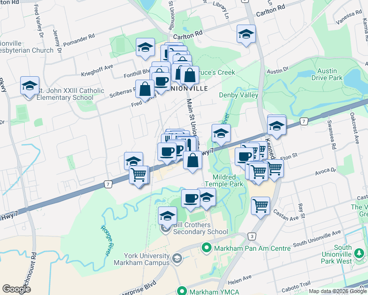 map of restaurants, bars, coffee shops, grocery stores, and more near 5 Union Street in Markham