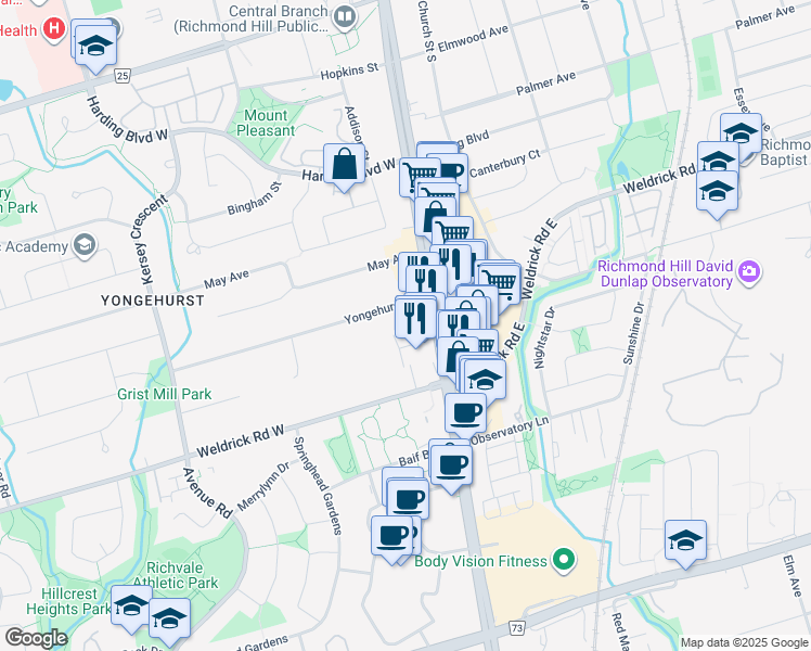 map of restaurants, bars, coffee shops, grocery stores, and more near 9600 Yonge Street in Richmond Hill