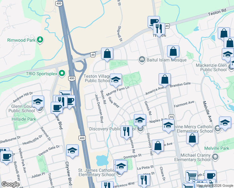 map of restaurants, bars, coffee shops, grocery stores, and more near 11 Crew Crescent in Vaughan