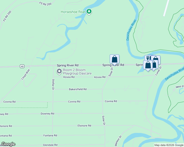 map of restaurants, bars, coffee shops, grocery stores, and more near 17156 Azusa Road in Bend