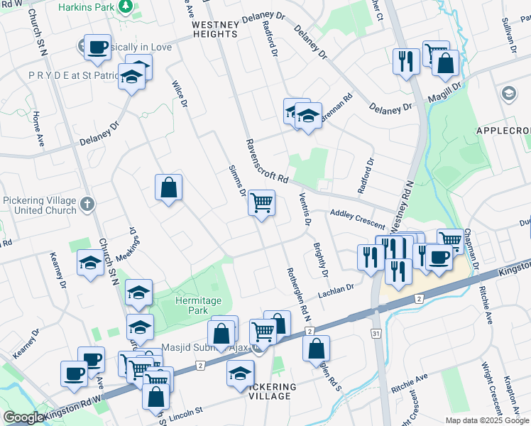 map of restaurants, bars, coffee shops, grocery stores, and more near in Ajax