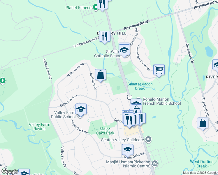map of restaurants, bars, coffee shops, grocery stores, and more near 1630 Baggins Street in Pickering