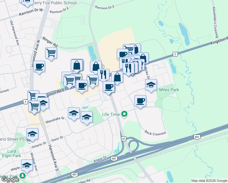 map of restaurants, bars, coffee shops, grocery stores, and more near 86 Tams Drive in Ajax