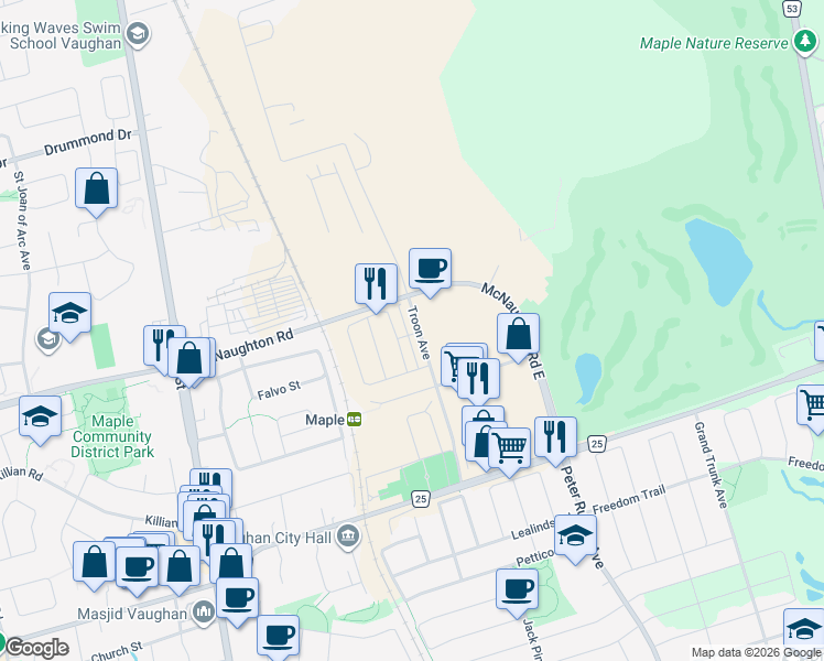 map of restaurants, bars, coffee shops, grocery stores, and more near 62 Troon Avenue in Vaughan