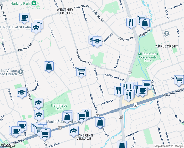 map of restaurants, bars, coffee shops, grocery stores, and more near 128 Rotherglen Road North in Ajax
