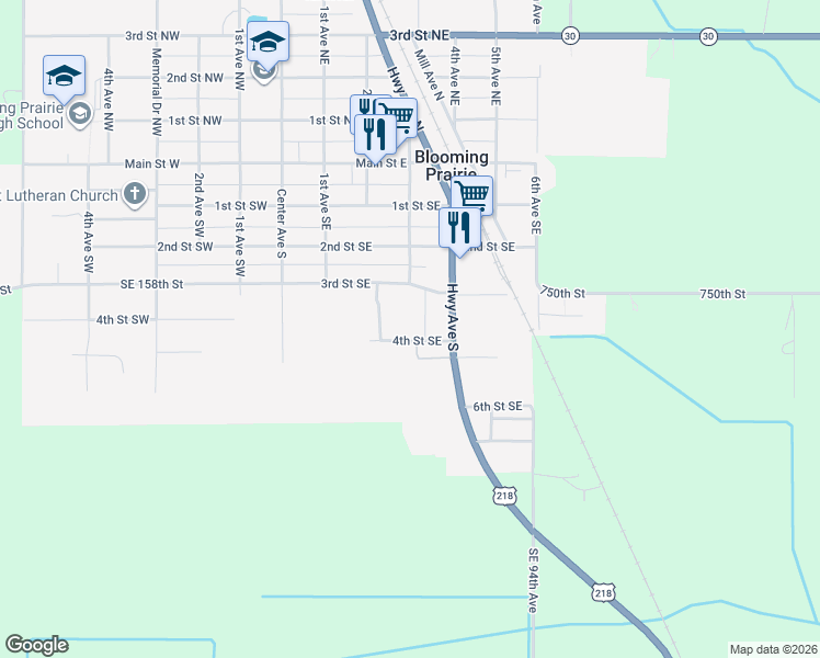 map of restaurants, bars, coffee shops, grocery stores, and more near 401 4th Street Southeast in Blooming Prairie