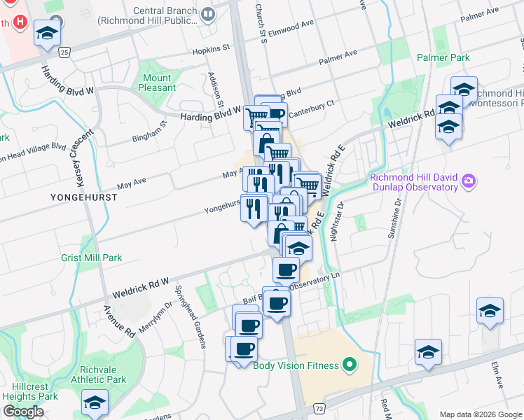 map of restaurants, bars, coffee shops, grocery stores, and more near 9610 Yonge Street in Richmond Hill