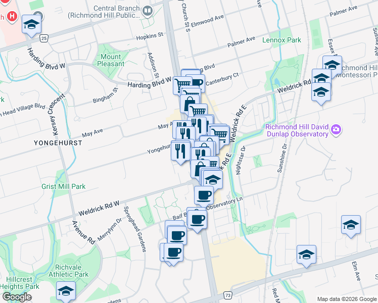 map of restaurants, bars, coffee shops, grocery stores, and more near 9608 Yonge Street in Richmond Hill