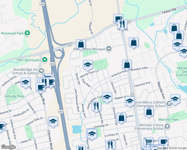 map of restaurants, bars, coffee shops, grocery stores, and more near 66 Crew Crescent in Vaughan