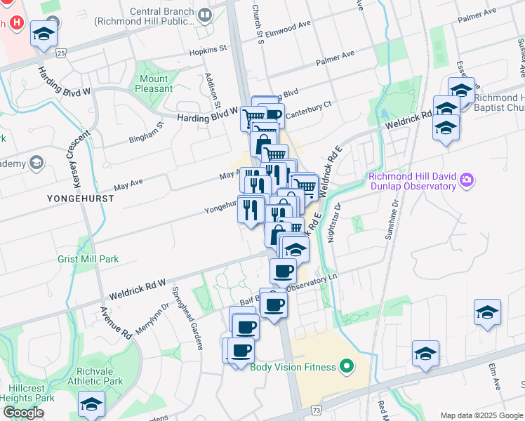 map of restaurants, bars, coffee shops, grocery stores, and more near 9608 Yonge Street in Richmond Hill