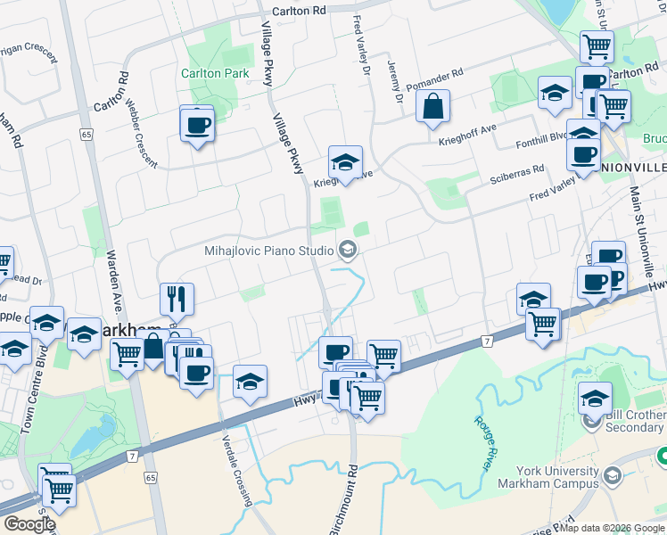 map of restaurants, bars, coffee shops, grocery stores, and more near 5 Amberwood Court in Markham
