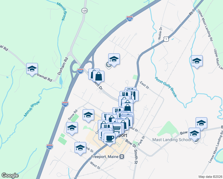 map of restaurants, bars, coffee shops, grocery stores, and more near 21 Maple Avenue in Freeport