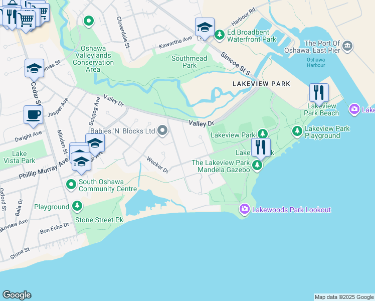 map of restaurants, bars, coffee shops, grocery stores, and more near 1448 Outlet Drive in Oshawa