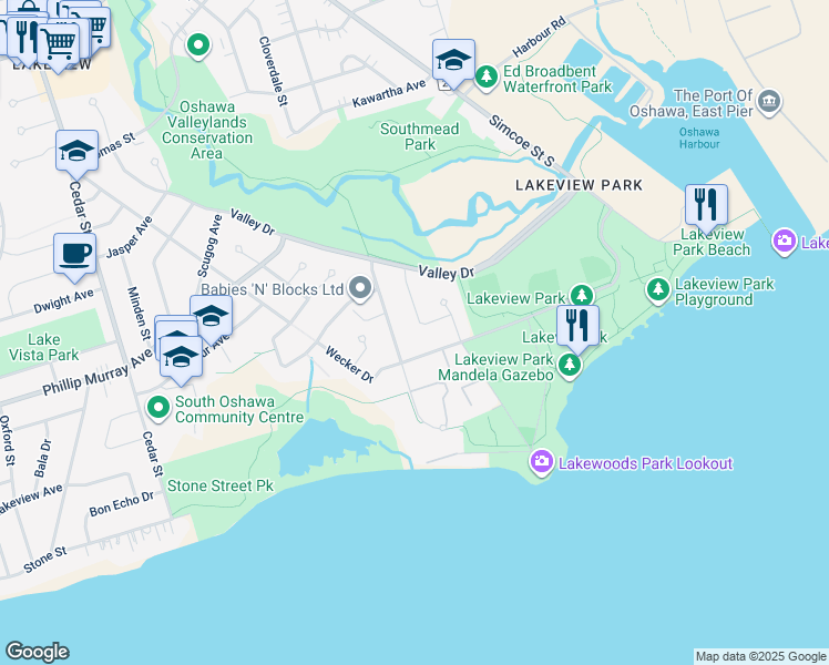 map of restaurants, bars, coffee shops, grocery stores, and more near 1467 Ritson Road South in Oshawa