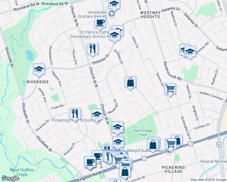 map of restaurants, bars, coffee shops, grocery stores, and more near 25 Meekings Drive in Ajax