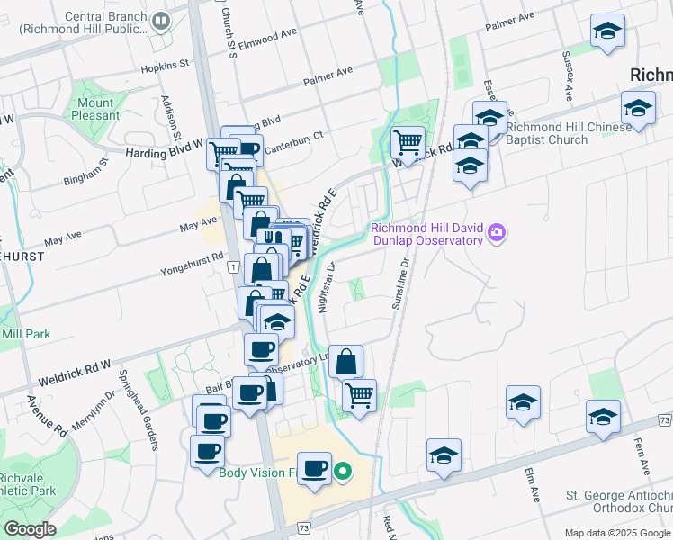map of restaurants, bars, coffee shops, grocery stores, and more near 50 Nightstar Drive in Richmond Hill