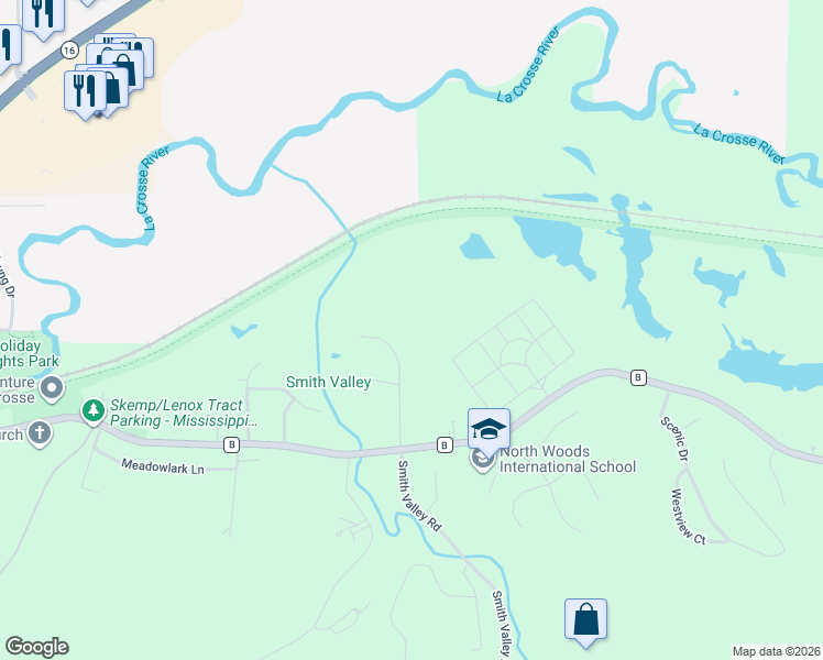 map of restaurants, bars, coffee shops, grocery stores, and more near 2806 Eastbrook Drive in La Crosse