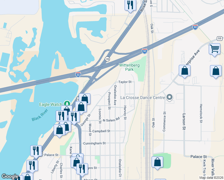 map of restaurants, bars, coffee shops, grocery stores, and more near 2733 Prospect Street in La Crosse