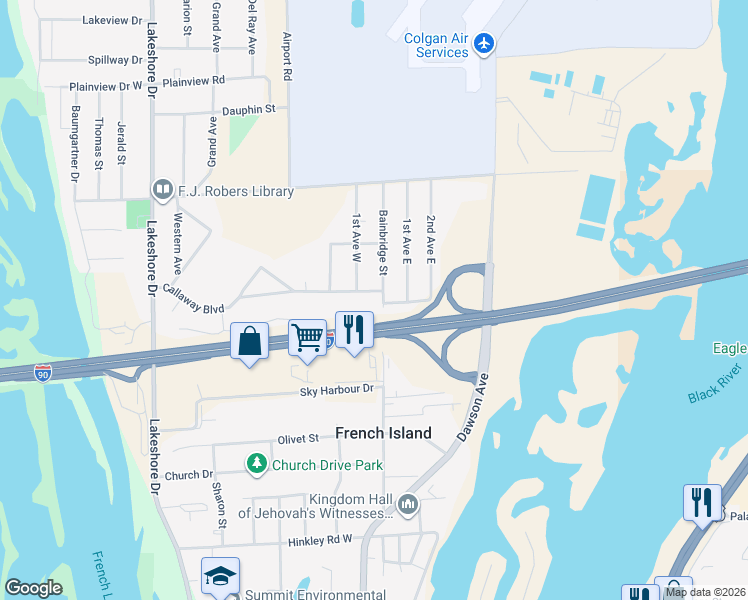 map of restaurants, bars, coffee shops, grocery stores, and more near 2421 Bainbridge Street in La Crosse