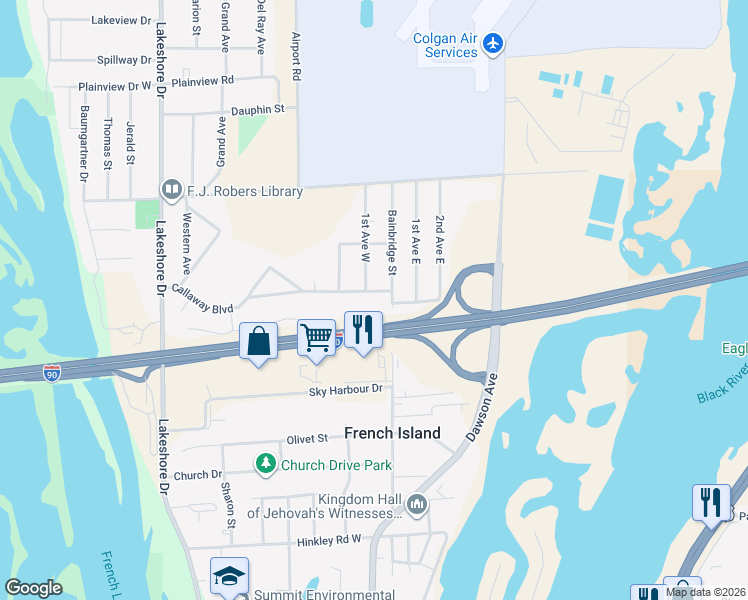 map of restaurants, bars, coffee shops, grocery stores, and more near 2421 Bainbridge Street in La Crosse
