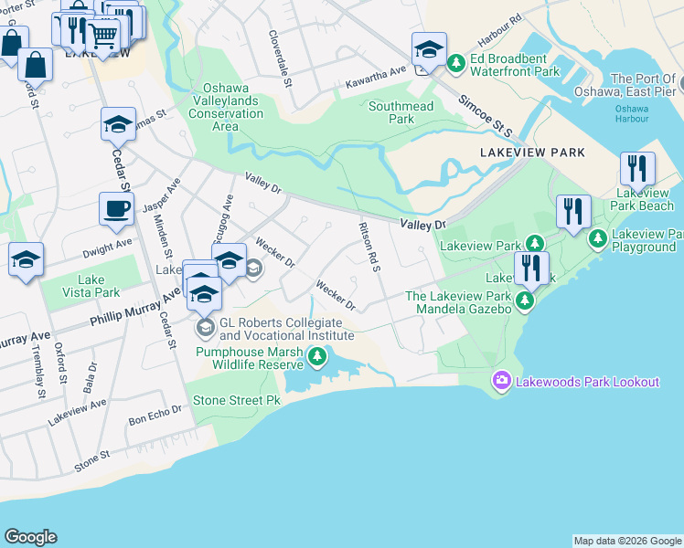 map of restaurants, bars, coffee shops, grocery stores, and more near 318 Rondeau Court in Oshawa