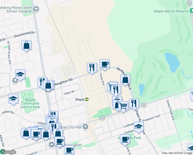 map of restaurants, bars, coffee shops, grocery stores, and more near 169 Salterton Circle in Vaughan