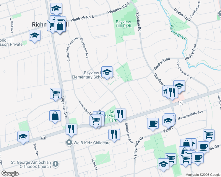 map of restaurants, bars, coffee shops, grocery stores, and more near 2 Boake Trail in Richmond Hill