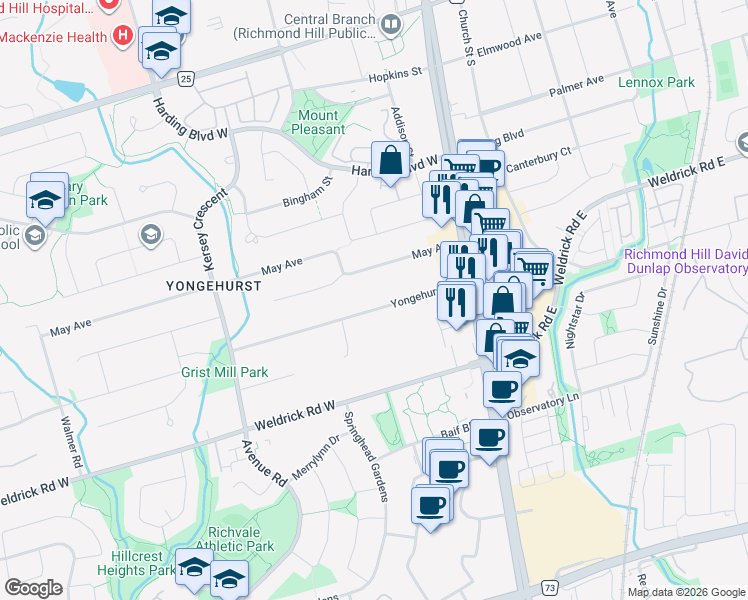 map of restaurants, bars, coffee shops, grocery stores, and more near 46 Yongehurst Road in Richmond Hill