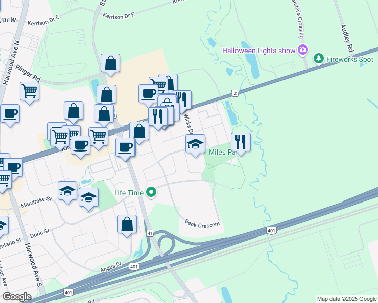 map of restaurants, bars, coffee shops, grocery stores, and more near 49 Wicks Drive in Ajax