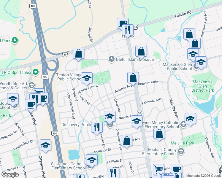 map of restaurants, bars, coffee shops, grocery stores, and more near Portsmouth Road in Vaughan