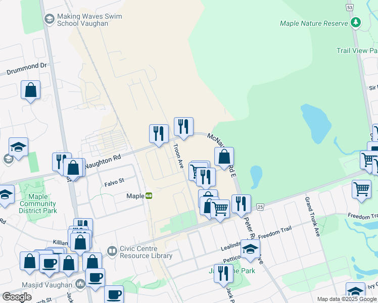 map of restaurants, bars, coffee shops, grocery stores, and more near 200 McNaughton Road in Vaughan