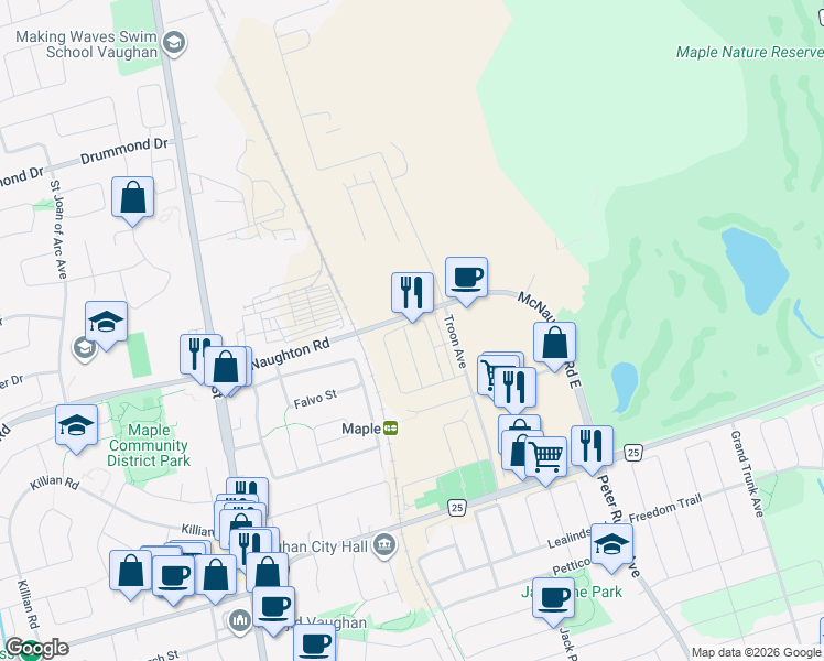 map of restaurants, bars, coffee shops, grocery stores, and more near 144 Salterton Circle in Vaughan