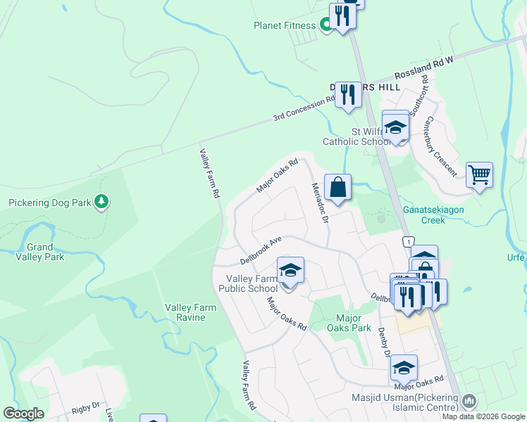map of restaurants, bars, coffee shops, grocery stores, and more near 2065 Blue Ridge Crescent in Pickering