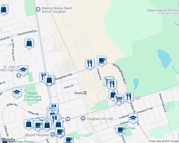map of restaurants, bars, coffee shops, grocery stores, and more near 144 Salterton Circle in Vaughan
