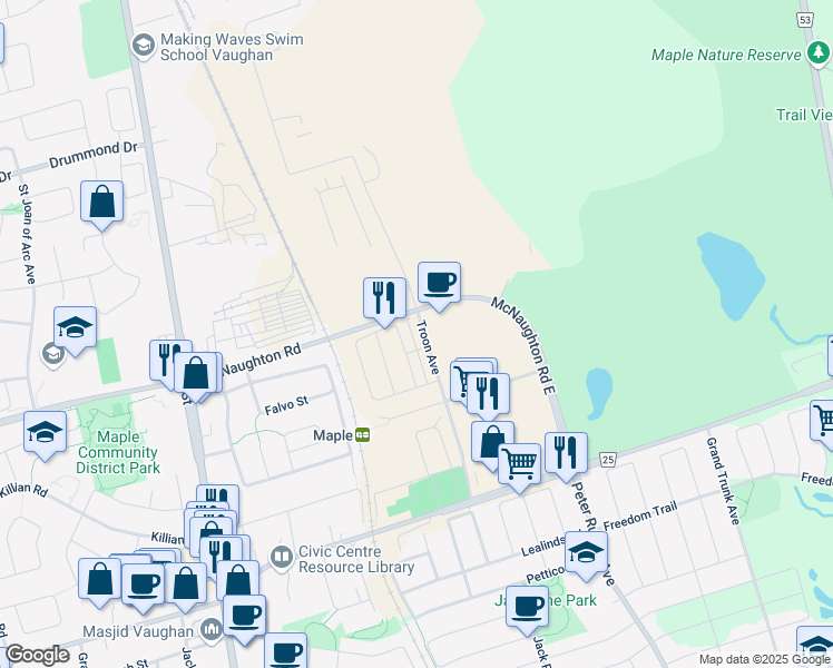 map of restaurants, bars, coffee shops, grocery stores, and more near 90 Troon Avenue in Vaughan