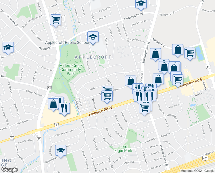 map of restaurants, bars, coffee shops, grocery stores, and more near 11 Carr Drive in Ajax