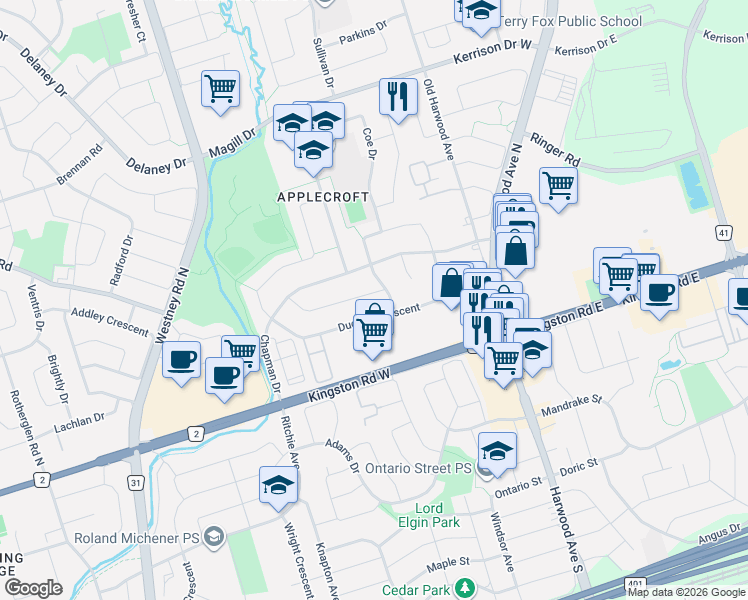 map of restaurants, bars, coffee shops, grocery stores, and more near in Ajax