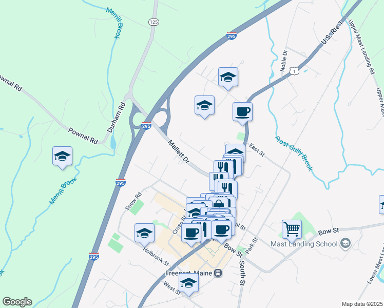 map of restaurants, bars, coffee shops, grocery stores, and more near 28 Maple Avenue in Freeport