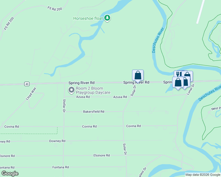map of restaurants, bars, coffee shops, grocery stores, and more near 17159 Spring River Road in Bend