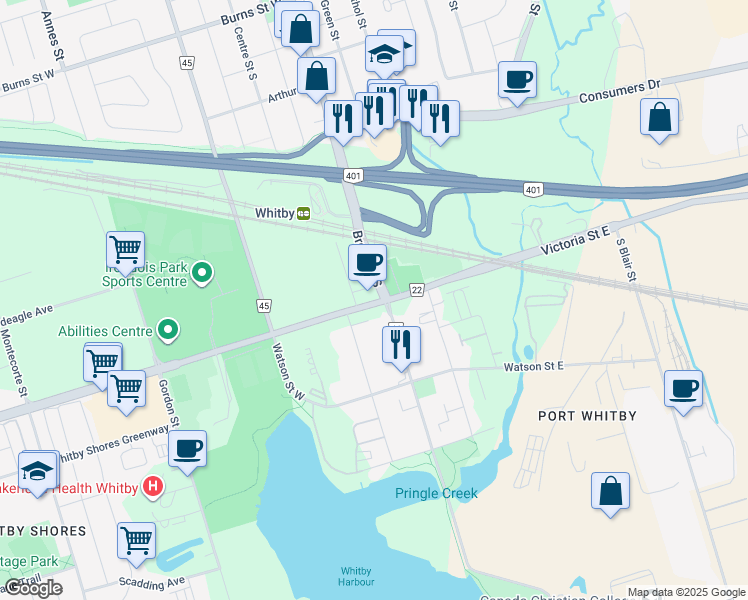 map of restaurants, bars, coffee shops, grocery stores, and more near 100 Victoria Street East in Whitby