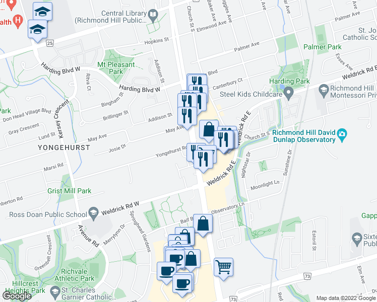 map of restaurants, bars, coffee shops, grocery stores, and more near 9654 Yonge Street in Richmond Hill