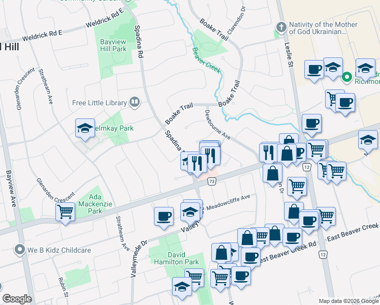 map of restaurants, bars, coffee shops, grocery stores, and more near 19 Spadina Road in Richmond Hill