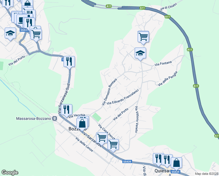 map of restaurants, bars, coffee shops, grocery stores, and more near 45 Via della Fornace in Massarosa