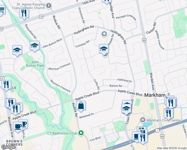 map of restaurants, bars, coffee shops, grocery stores, and more near in Markham